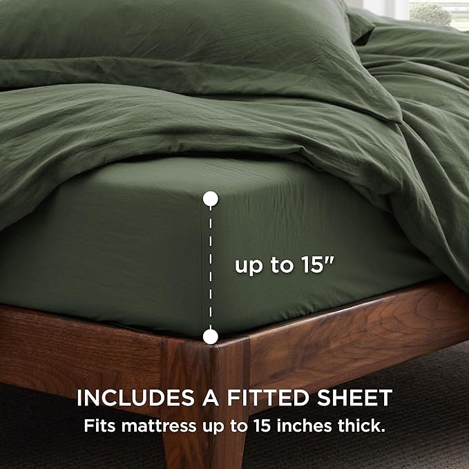 Bedsure Duvet Cover Queen Size with Fitted Sheet - 4 Pieces Prewashed Cotton-Like Extra Soft Bedding Set, Includes 1 Duvet Cover 90x90 Inches, 2 Pillow Shams, 1 Fitted Sheet, Olive Green