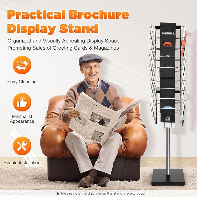 Rotating Brochure Display Stand, Detachable Magazine Rack with 36 Pockets, 360 Degrees Rotating Mesh Magazine Holder Stand, 63inch Floor Standing Literature Display Rack for Office School