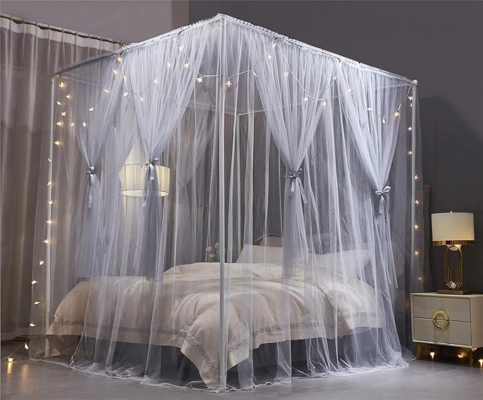 VETHIN 4 Corners Post Princess Bed Canopy Curtain Double Layer Cozy Drape Netting 4 Opening Mosquito Net for Girls & Adults Bedroom Decoration Accessories (Double Gray, 53" W*78" L*82"*H/(Full))