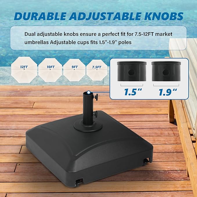 Simple Deluxe 125lb Capacity Fillable Mobile Patio Umbrella Base Heavy Duty Square Market Stand for Outdoor with 4 Wheels, 2 Locks, 2 Knobs, Black