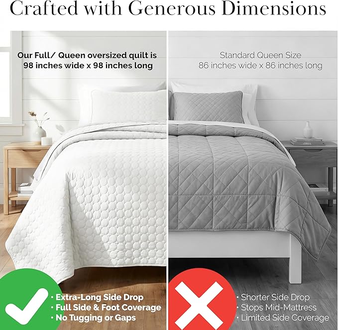 Southshore Fine Living, Inc. White Quilts Queen Size Set, Lightweight Summer Bedspread with 2 Quilted Pillow Shams, Cozy, Soft Circle-Stitch Design, Queen Size/Full Size, White