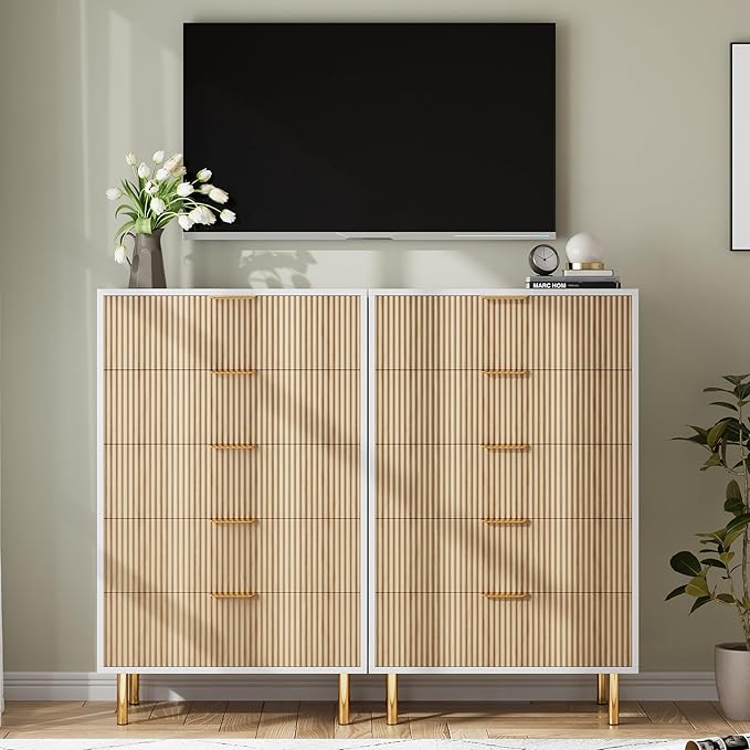 GarveeHome Natural Dresser, Modern 5 Drawer Dresser for Bedroom with Gold Handle and Large Drawer, Wood Double Chest of Drawers and Storage Organizer for Living Room, Hallway, Entryway