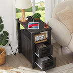Farmhouse XXL End Table with Charging Station, Narrow Side Table with USB Ports and Outlets, Nightstand with 2 Drawers Storage, Grey Bedside Tables for Living Room, Bedroom