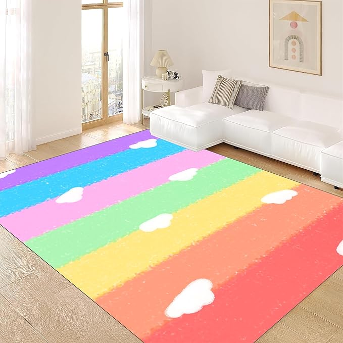 Soft Rainbow Area Rugs Girl's Bedroom Fluffy Colorful Rugs Cute Floor Mats Furry Children's Play Mats White Cloud Rainbow Prints Living Room Kids Room Nursery Home Decor 3x4ft