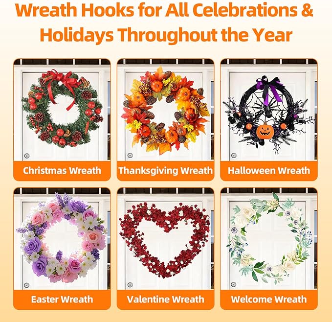 Wreath Hanger for Front Door, Upgraded Suction Cup Hook for Window Glass/Shower Mirror/Over Door, Christmas/Thanksgiving/Halloween/July 4th/Easter/Valentine/Fall/Summer/Spring(Walnut, J, 2 Pack)