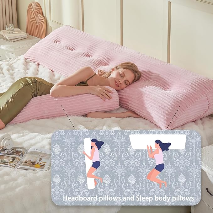 Headboard Wedge Pillow + A Long Neck Roll Pillow Body Pillow，Large Headboard Pillow with Removable Cover (Pink, King：76x8x20 inches)