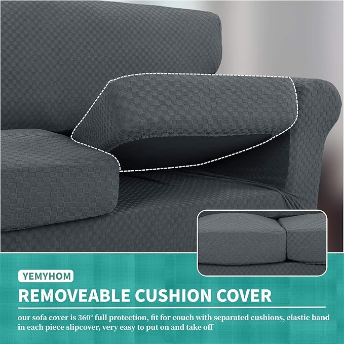 YEMYHOM Latest Checkered 4 Pieces Couch Covers for 3 Cushion Couch Extra Large High Stretch Thickened Sofa Cover for Dogs Pets Furniture Protector Sofa Slipcovers (Dark Gray), 91"-110"(3 Cushions)