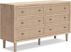 Signature Design by Ashley Cielden Coastal 6-Drawer Dresser, Bronze-Tone Knobs, Safety Stop, Textured Cane Details, 62.01" W x 19.65" D x 35.67" H, Light Brown