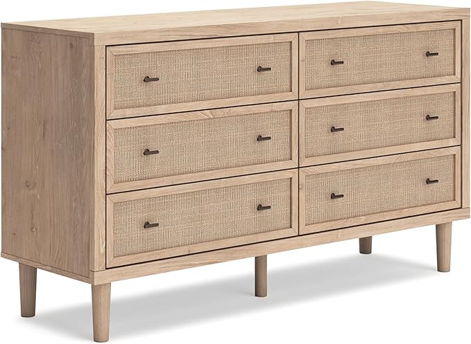 Signature Design by Ashley Cielden Coastal 6-Drawer Dresser, Bronze-Tone Knobs, Safety Stop, Textured Cane Details, 62.01" W x 19.65" D x 35.67" H, Light Brown