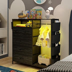 Dresser for Bedroom with Clothes Rack Side Pockets 5 Drawer Dresser with Charging Station LED Lights Black Storage Chest of Drawers for Nursery Hallway Closet Sturdy Steel Frame Wood Top