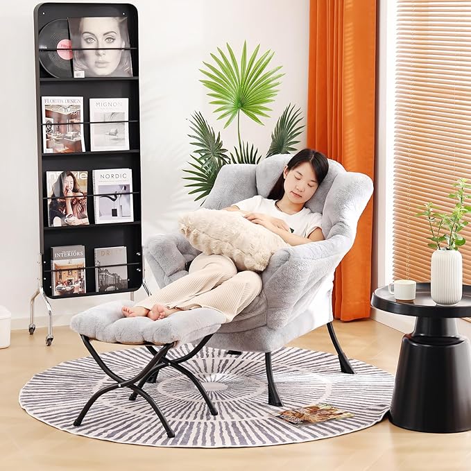 Lazy Chair with Ottoman, Large Light Grey Lounge Accent Chair with Ottoman and FA Throw Pillow, Comfy Plush Reading Chair for Living Room Bedroom Dorm Room Office Apartment Relaxing Use