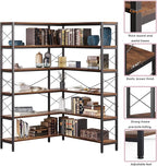 6-Shelf Corner Bookshelf, Vintage Industrial L Shaped Bookshelf Etagere Bookcase, Corner Shelf with Metal Frame Open Storage Rack Corner Book Shelf for Home Office Living Room (Retro Brown)