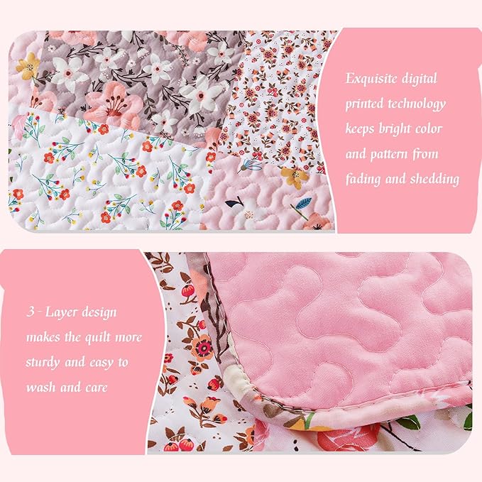 Whale Flotilla Patchwork Quilts Queen Size, Extra Soft Boho Floral Bedspreads for Bed Reversible Lightweight Full Queen Quilt Bedding Set Printed Coverlets with 2 Pillow Shams for All Seasons, Pink