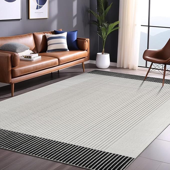 Modern Micro Loop Indoor Area Rugs for Living Room Bedroom Kitchen Geometric Striped Black-White 8x10 Luxury Durable Low and High Pile Non-Shedding Stain Resistant Soft Area Carpet 8 x 10