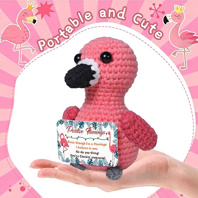 Mini Positive Flamingo Crochet Gifts, Birthday Gifts for Women Men Handmade Presents, Inspirational Small Animals Cute Flamingo, Emotional Cheer Up Funny Decor (Awesome)