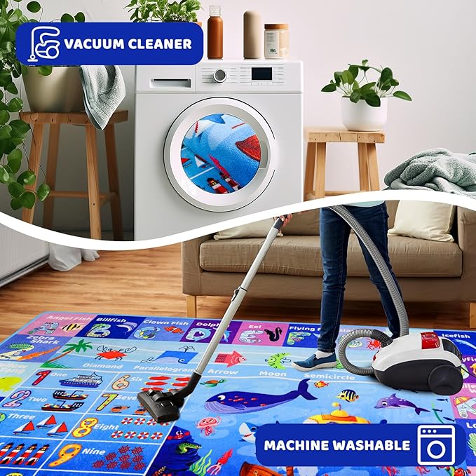 ABC Kids Rug for Playroom 59"×39.4" Ocean Rug Baby Play Mat Alphabet Mat Sea Animal Number Shape Classroom Kids Playroom Carpet Early Learning Carpet for Preschool Toddlers