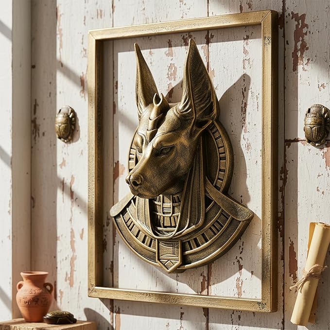 JJALIGHTS Animal Heads Wall Decor Anubis Resin Sculptures Anubis the Jackal-headed God Wall Hanging Decoration Imitation Copper vintage Wall Sculpture for Living Room Bedroom Office