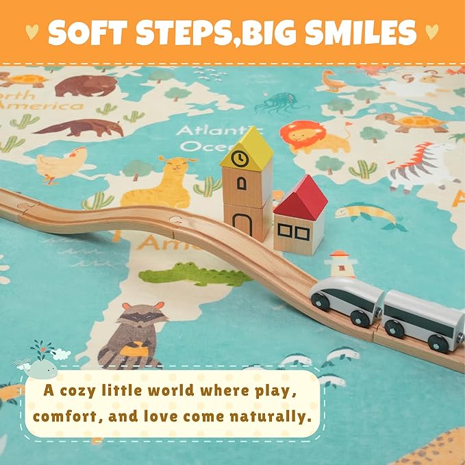 Large 8x10 Playroom Rugs - Kids Play Rug for Classroom Elementary, Bedroom, Living Room, Washable Soft Cute World Map Carpet with Ocean, Continents & Animals