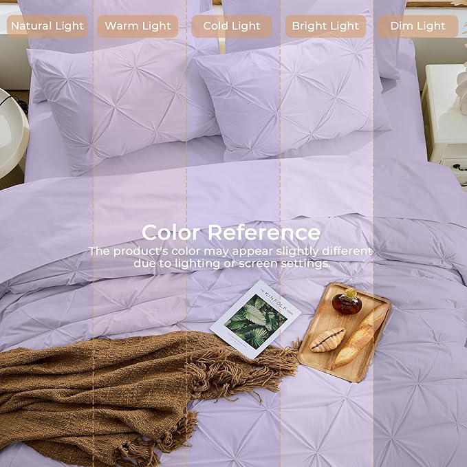 Sasttie King Size Comforter Set, 7-Piece Bed in a Bag, Pintuck Bedding Sets for All Season, Includes Comforter, Flat Sheet, Fitted Sheet, Pillowcases and Pillowshams, Lavender