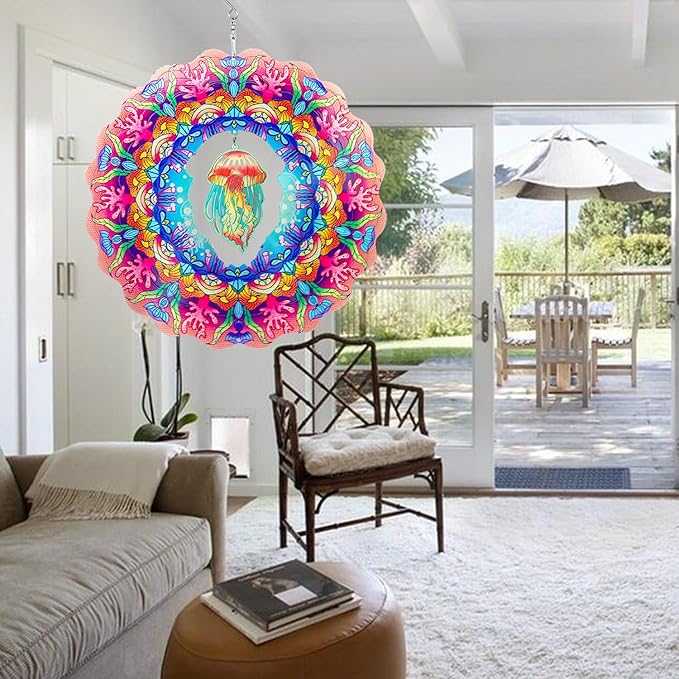 Wind Spinner Outdoor Metal Jellyfish 12inch 3D Stainless Steel Garden Sculpture 3D Wind Spinner Hanging Yard Garden Decor Gifts Indoor/Outdoor Décor