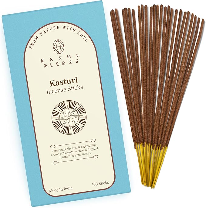 Kasturi Incense Sticks, Organic Hand Dipped 100 Sticks with Natural Herbs & Aromatic Ingredients, Burn Time 45 to 60 Minutes, Incense for Positivity, Yoga, Meditation, Relaxation, Spiritual Gift