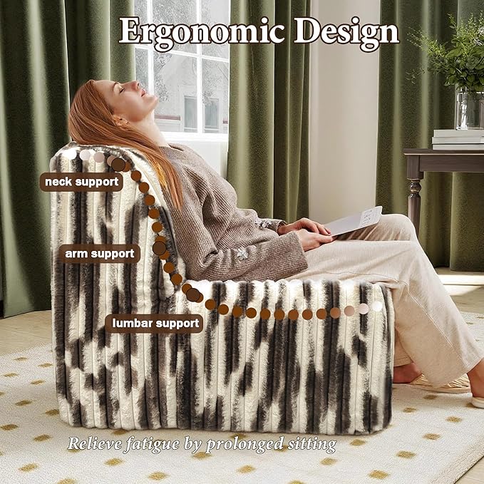 Trenda 32'' Boneless Chair, Super Comfy Bedroom Accent Chair, Sofa Chair, Soft Faux Fur Cover Floor Couch for Living Room,College, Dorm to Reading& Gaming (White& Brown)