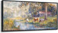 JEAWA Large Framed Canvas Painting - Watercolor Landscape Wall Decor, Country Picture with Wooden House and Green Trees, Cow Art Prints for Bedroom Living Room Home Decoration, 29x58 IN