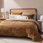 RECYCO Luxury Velvet Quilt Set, California King 118'' x 106'' Oversized Bedspread, Ultra Soft Velvet Comforter, Lightweight Box Stitch Bedding Sets for All Season, with 2 Shams, Caramel Gold