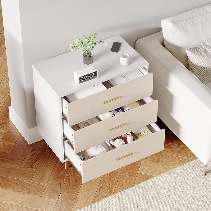GAOMON White Dresser with Gold Handles,3-Drawer Wooden Nightstand & Narrow Accent Cabinet,Linen-Textured Modern Chest of Drawers for Living Room, Bedroom