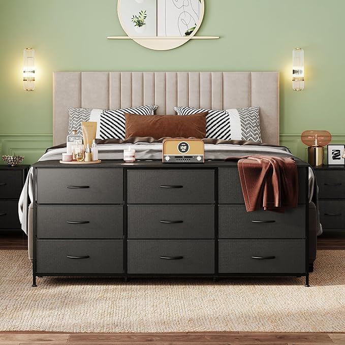 WLIVE 63''W Dresser for Bedroom, Black Dresser TV Stand for 65, 70, 75 inch TV, Wide Chest of Drawers with 9 Drawer, Large Entertainment Center, Fabric Dressers with Wood Top for Closet, Living Room
