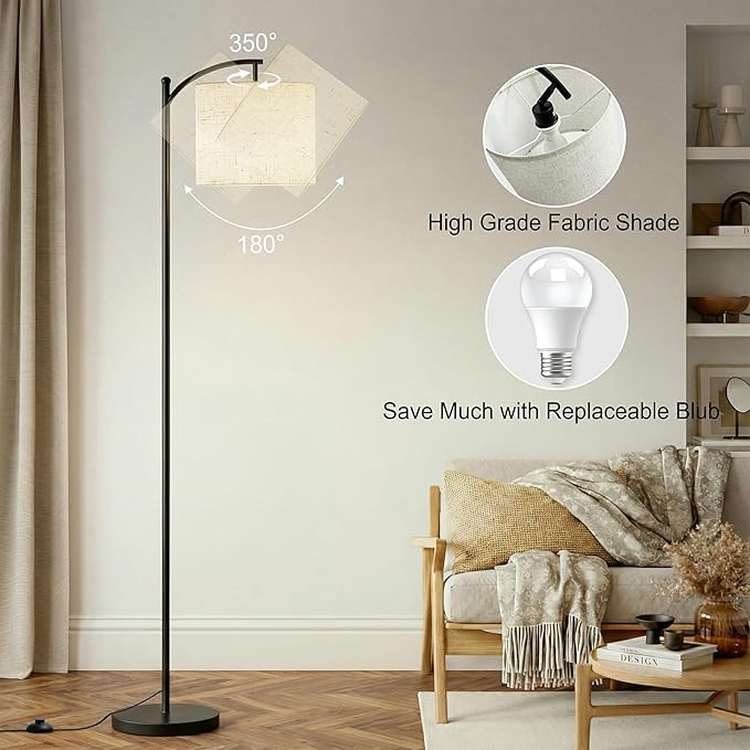 Floor Lamp, LED Floor Lamp with Foot Switch & Adjustable Linen Lampshade, Tall Modern ARC Standing Lamps for Living Room Office Bedroom (9W Replaceable Blub)
