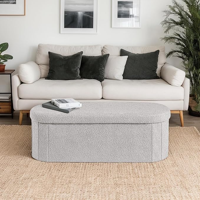 43.3 Inches Collapsible Ottoman with Storage, Bench with Storage Ottoman for Living Room, Bedroom & Entryway-Grey