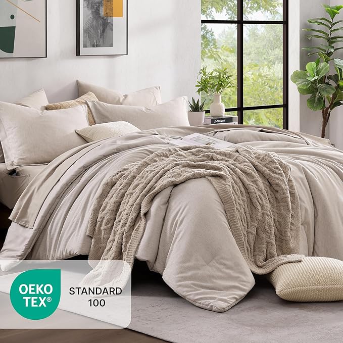 Monbix King Size Comforter Set, Oatmeal Cationic Dyeing Bed Set Reversible, King Size Comforter Set 7 Pieces Bed in a Bag with Comforter, Sheets, Pillowcases & Shams