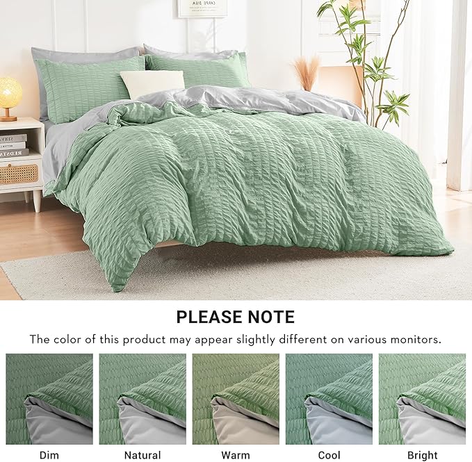 HYMOKEGE Sage Green/Light Grey Queen Comforter Set Seersucker 7 Pieces, All Season Luxury Bed in a Bag Queen for Bedroom, Bedding Set with Comforter, Sheets, Pillowcases & Shams