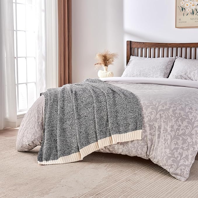 CozeCube Super Soft Fullfy Microfiber Reversible Knitted Blankets, Warm Cozy Fuzzy Plush Throw, Black and White Melange Throw Blanket for Couch Bed Sofa, 50" x 60"