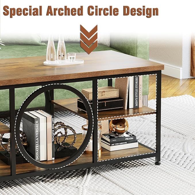 Coffee Table for Living Room 47" Center Table with Round Middle Design 3-Tier Farmhouse Style Rustic Wood Coffee Table with Storage Open Shelf Space Saving Easy Assembly