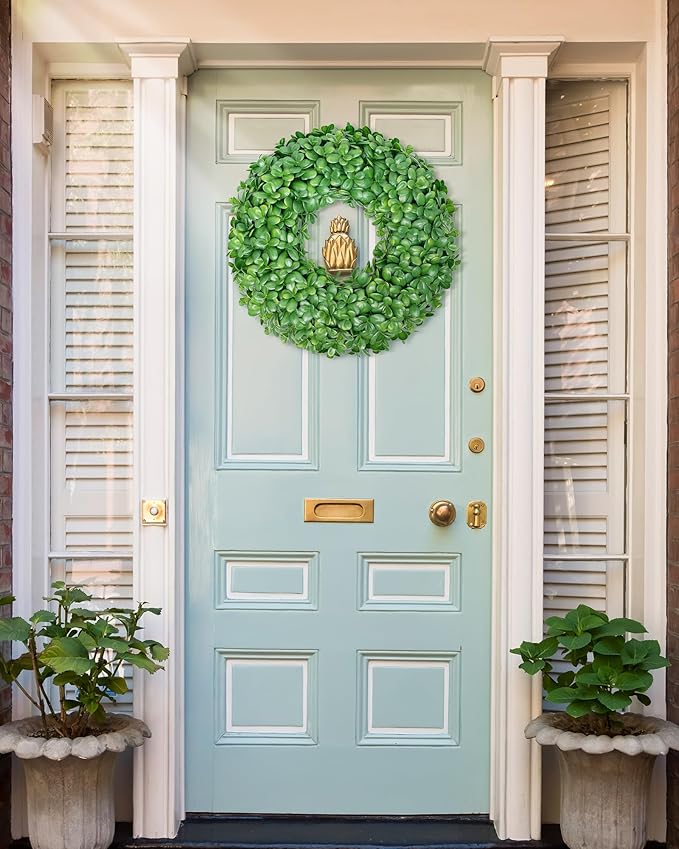 Vlorart 20 Inch Boxwood Wreath, Faux Green Wreath for Front Door Farmhouse Porch Wall Decor, Indoor/Outdoor All Season Rustic Farmhouse Greenery for Fall Winter Spring