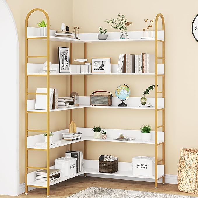 Semoic 5-Tier Gold Bookcase, L-Shape Corner Bookshelf White & Gold, Modern Display Shelf Book Shelves with Adjustable Foot, Freestanding Storage Shelves for Home Office Use