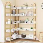 Semoic 5-Tier Gold Bookcase, L-Shape Corner Bookshelf White & Gold, Modern Display Shelf Book Shelves with Adjustable Foot, Freestanding Storage Shelves for Home Office Use