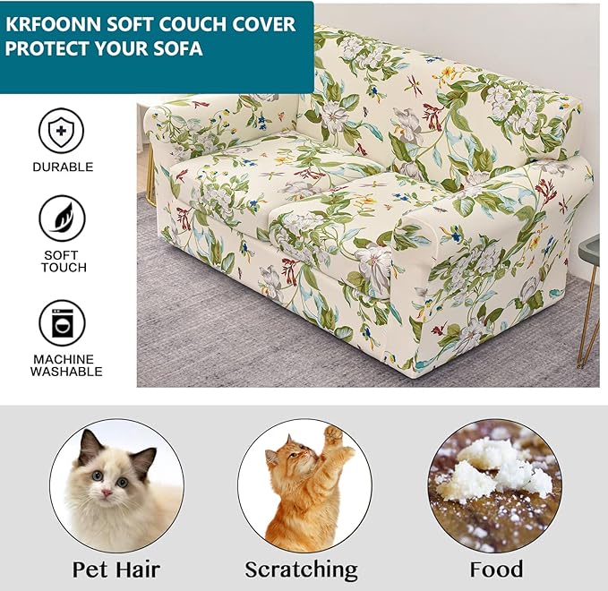 KRFOONN 3 Piece Stretch Sofa Couch Covers for 2 Cushion Couches Printed Sofa Loveseat Slipcover with 2 Separate Seat Cushion Covers Washable Sofa Slip Covers Furniture Protector (Loveseat, 28), Medium