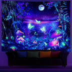 Serborlur Blacklight Fantasy Forest Moon Tapestry UV Reactive Butterfly Galaxy Space Tapestries Wall Hanging Aesthetic Starry Night Backdrop for Bedroom Living Room Decor (70.8" x 92.5")
