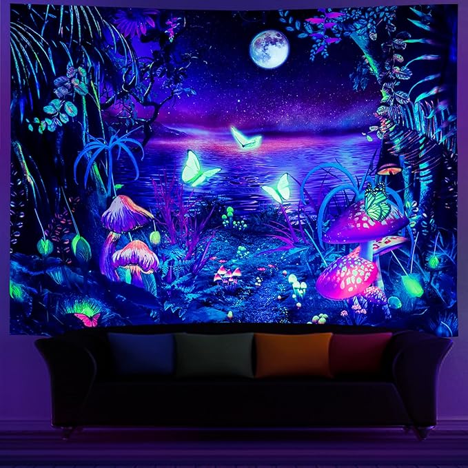 Serborlur Blacklight Fantasy Forest Moon Tapestry UV Reactive Butterfly Galaxy Space Tapestries Wall Hanging Aesthetic Starry Night Backdrop for Bedroom Living Room Decor (51.2 × 59.1 inches)