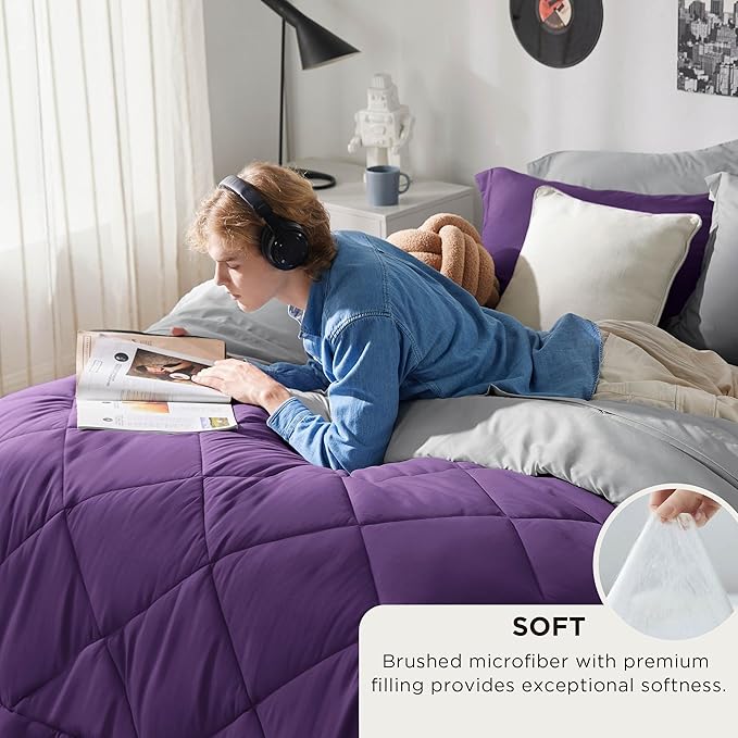 Bedsure King Size Comforter Set - 7 Pieces Reversible Purple Bedding, King Size Bed Set for All Seasons, Bed in a Bag with Down Alternative Comforter, Sheets, Pillowcases & Shams