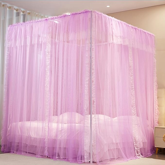 4 Corners Post Princess Curtains Bed Canopy for Girls 8 Panels Curtain- Double Layer Sheer Mesh Canopies Drapes Girls Room Decor (8P-Purple/White, 4P(43"x82") W+4P(43"x82") L/(King))