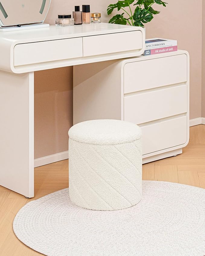Round Ottoman with Storage, Boucle Foot Rest Stool with Reversible Tray Lid, Folding Teddy Ottoman Coffee Table for Dorm Living Room Bedroom Entryway, White,13" x 13" x 13.8"