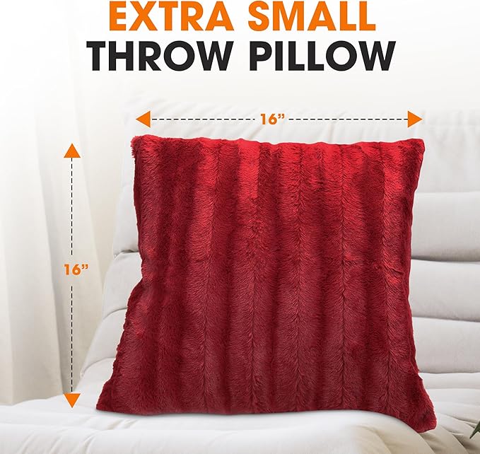 Cheer Collection Faux Fur Throw Pillows - Decorative Pillows for Couch, Bed Throw Pillows, Maroon Accent Pillows for Bedroom or Living Room Aesthetic, Set of 2 Furry Throw Pillows, 16" x 16"