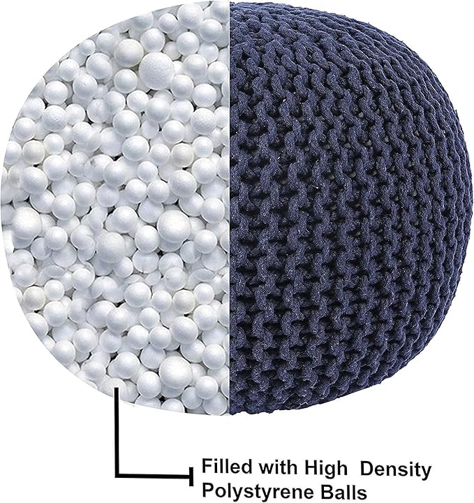 REDEARTH · Round Pouf Foot Stool Bean Bag Ottoman - Cable Knitted Cord Boho Pouffe - Poof Accent Bean Bag - Handmade by Artisans for Living Room - Bedroom (19.5"x19.5"x14") - Navy Blue, Set of 2