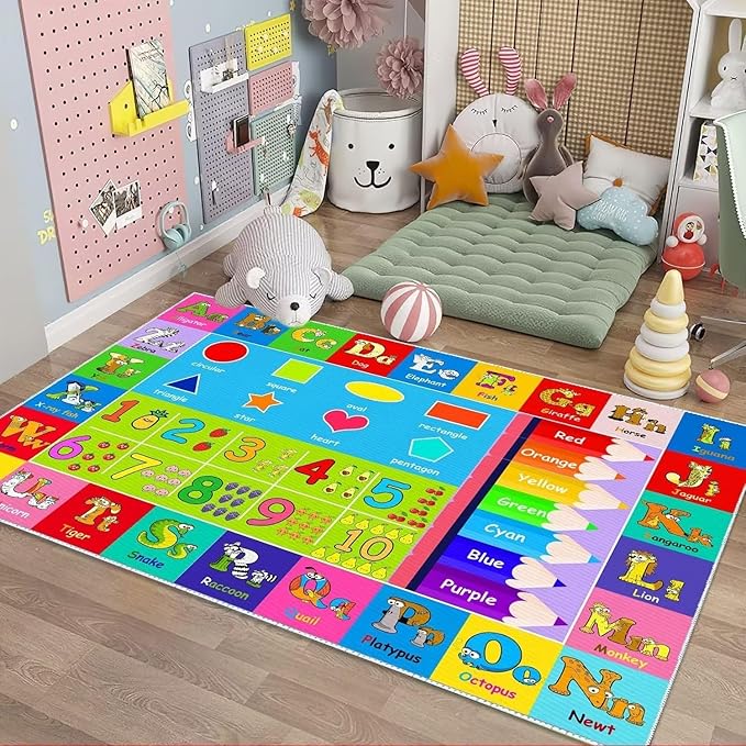 Kids Alphabet Play Game Rug - 8'x10' ABC Numbers and Shapes Educational Learning Toddler Carpet - Kids Room Playroom Classroom Kindergarten Activity Fun Soft Non-Slip Mat