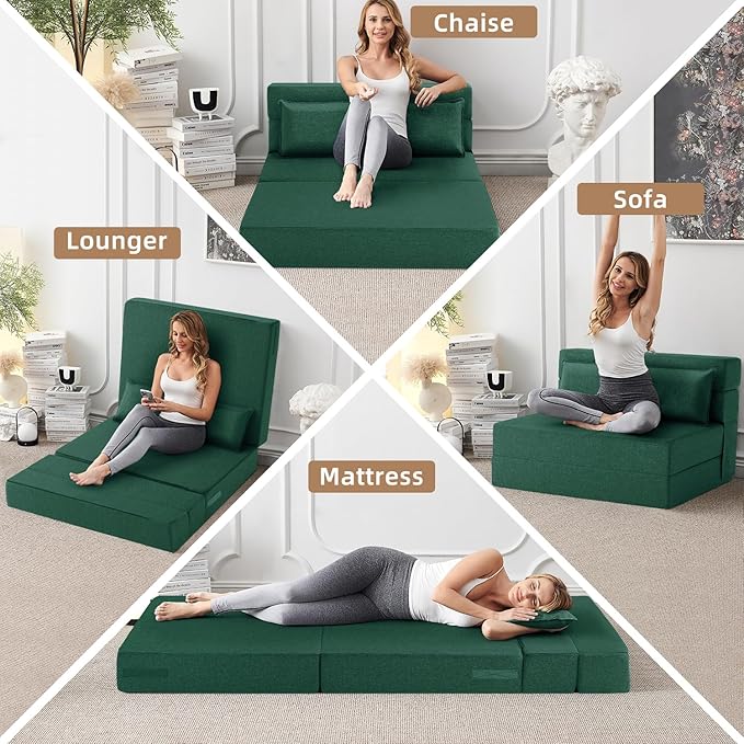 FILUXE Convertible Folding Sofa Bed-Sleeper Chair with Pillow, Modern Linen Fabric Floor & Futon Couch, Foldable Mattress for Living Room/Dorm/Guest Use/Home Office/Apartment, Standard Size,Dark Green