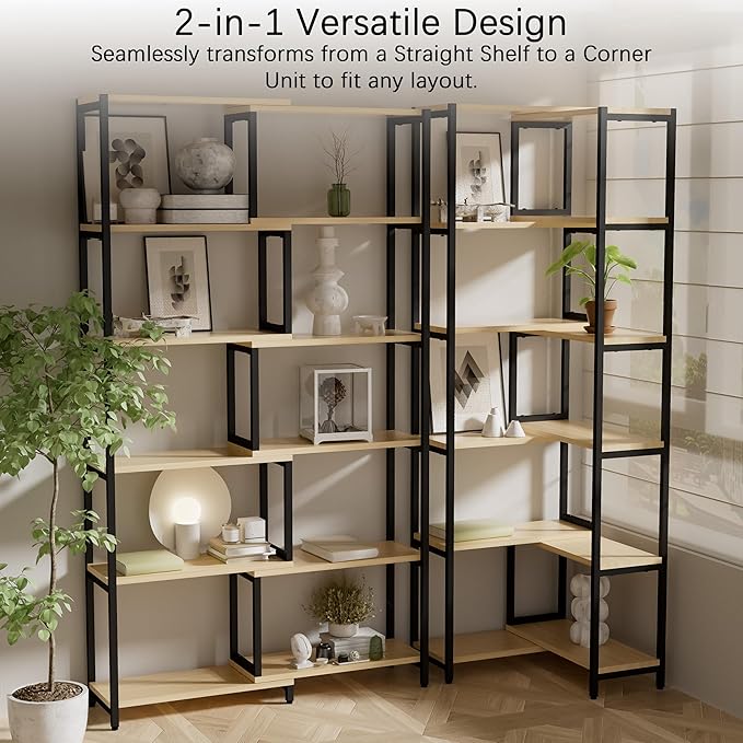 6 Tier Corner Shelf/Bookshelf, Deformable L Shaped Bookcase, Modern Tall Storage Display Rack with Sturdy Metal Frame for Home Office (Light Natural Wood Color)